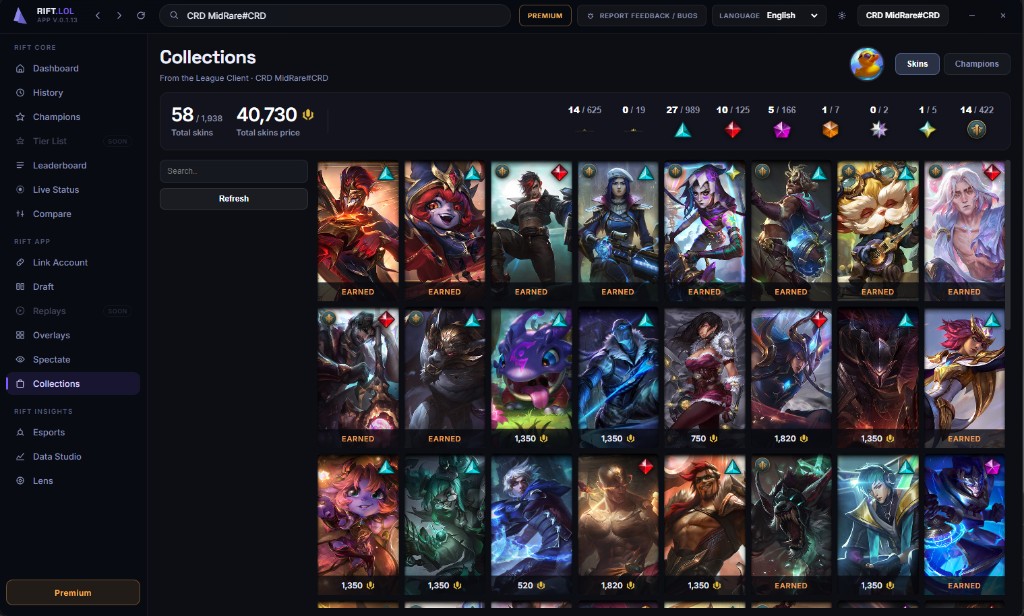 Collections grid with owned skins and RP valuation
