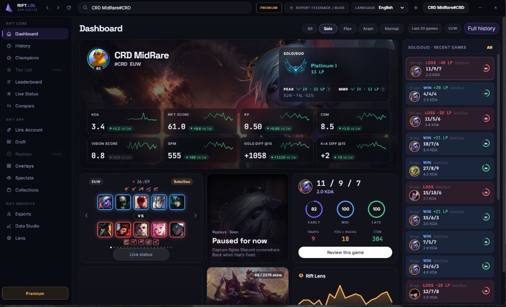 Rift.lol dashboard showing rank, KP, CS/min, and recent Solo/Duo games
