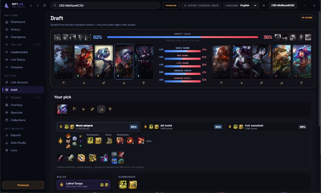 Draft view with team lean, Tristana build, runes and skill priority
